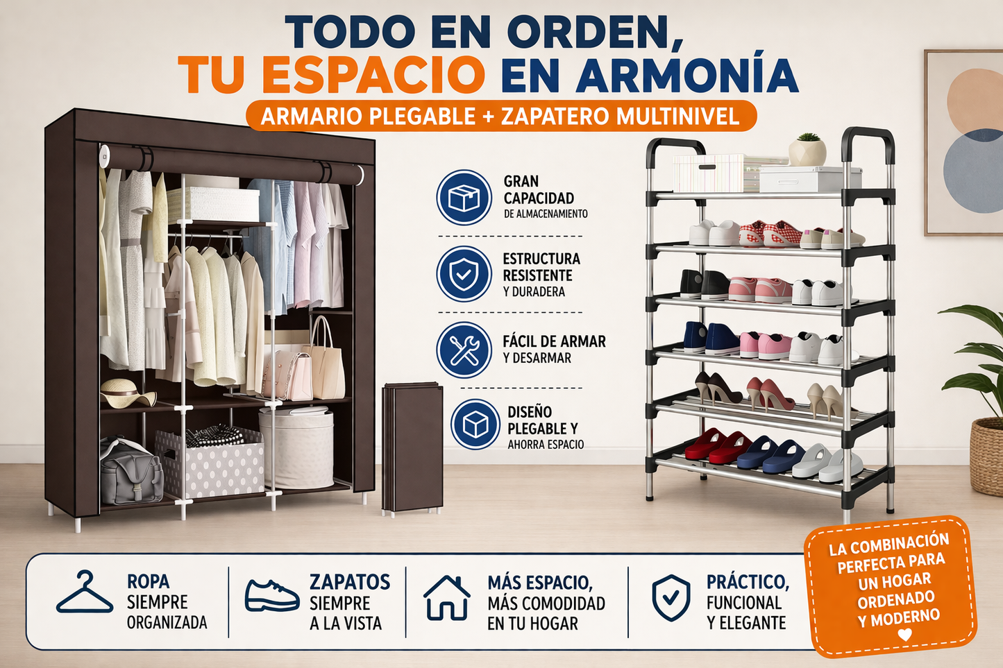 Combo Hogar: Armario Plegable + Zapatero Multinivel