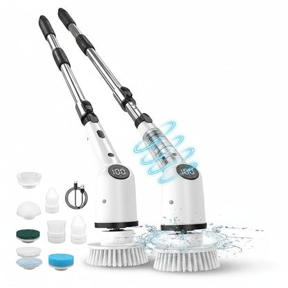 Cepillo de limpieza eléctrico DAN BEAUTY con mango extensible, pantalla LED y 9 cabezales intercambiables en blanco
